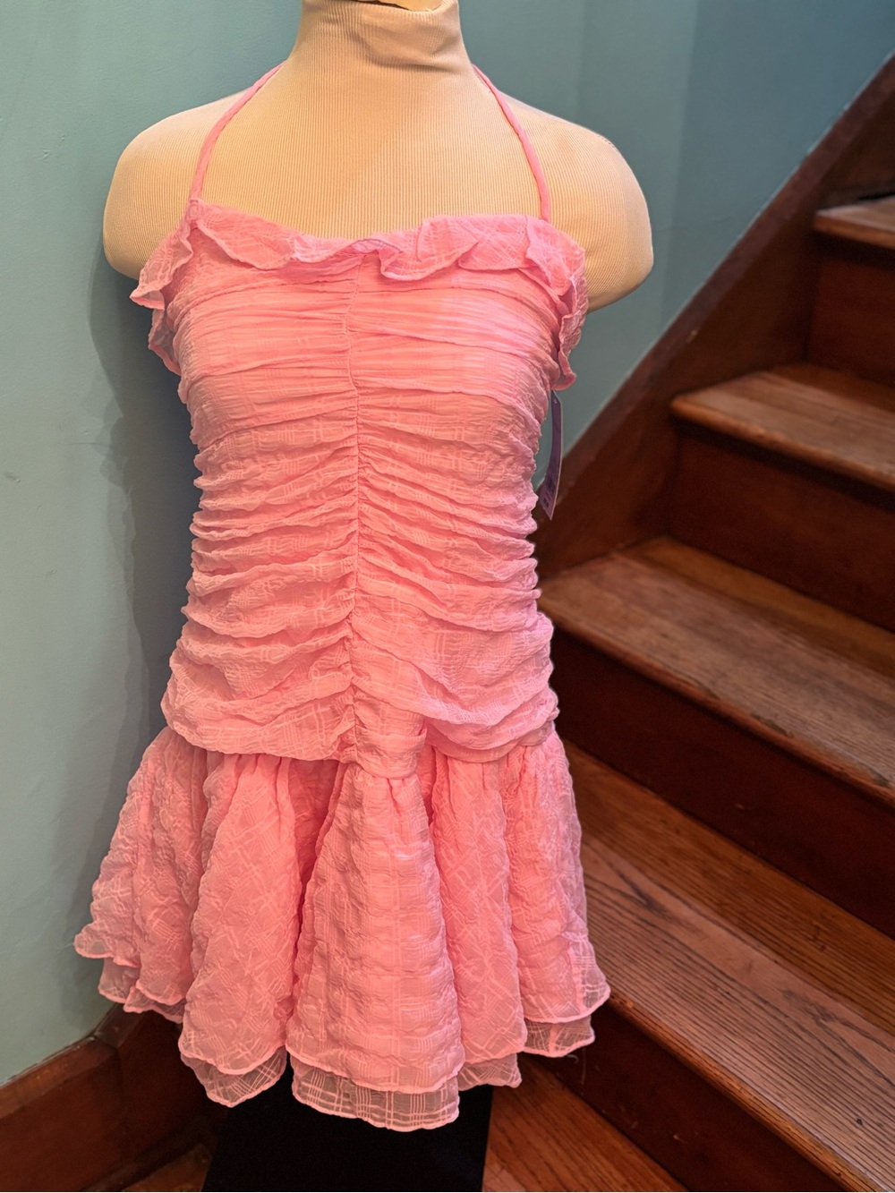Woman Pink Ruffle Halter Dress